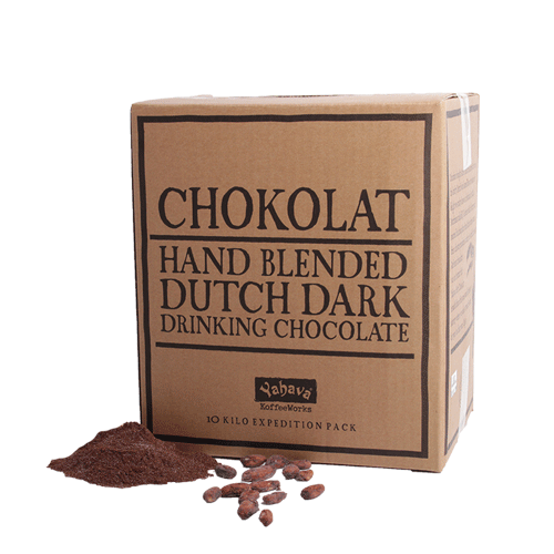 Box of Hot Chokolat hand blended Dutch dark drinking chocolate with cocoa powder