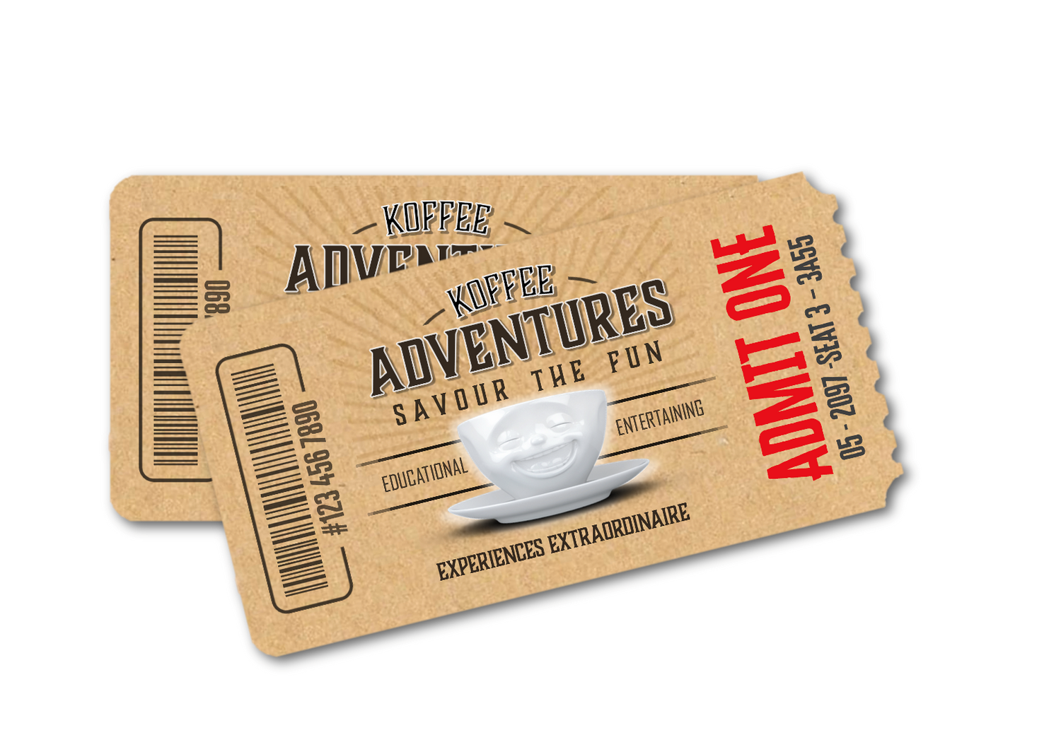 Two brown paper tickets labeled Koffee Adventures with a smiling white coffee cup graphic