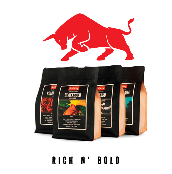 Four black coffee bags including Blackgold blend beneath a charging red bull icon, with "Rich n' Bold" text below