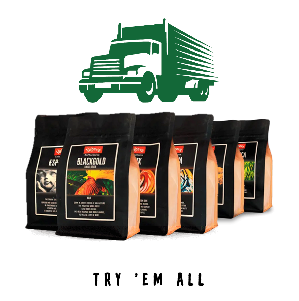 Six black coffee bags including Espresso and Blackgold beneath a green delivery truck icon, with "Try 'em all" text below