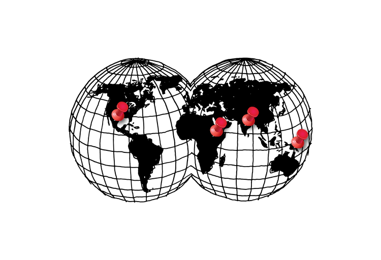 Two black world globes with red markers on a white background