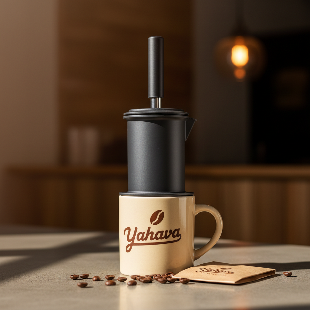 Black coffee press sitting on a Yahava branded mug with scattered coffee beans on a counter