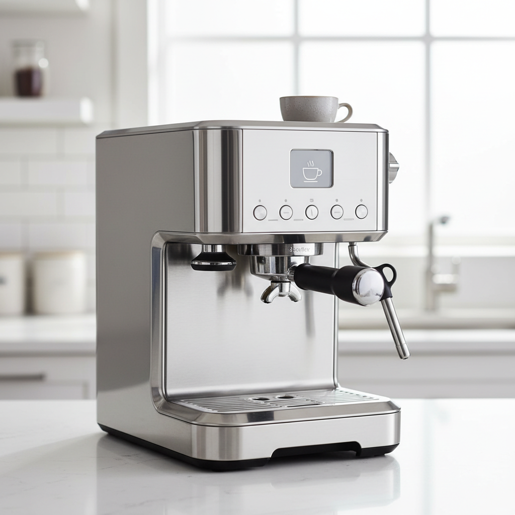 Stainless steel espresso machine with a portafilter and small cup on top