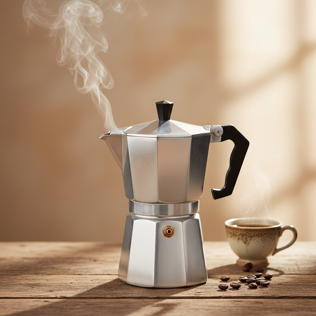 Steaming moka pot with a cup of coffee and coffee beans on a wooden table