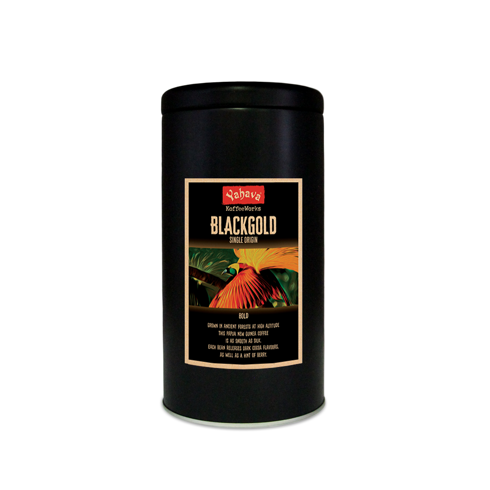 A black 500g tin with Yahava Signature Range coffee label for BlackGold on the tin featuring a Bird of Paradise dancing.