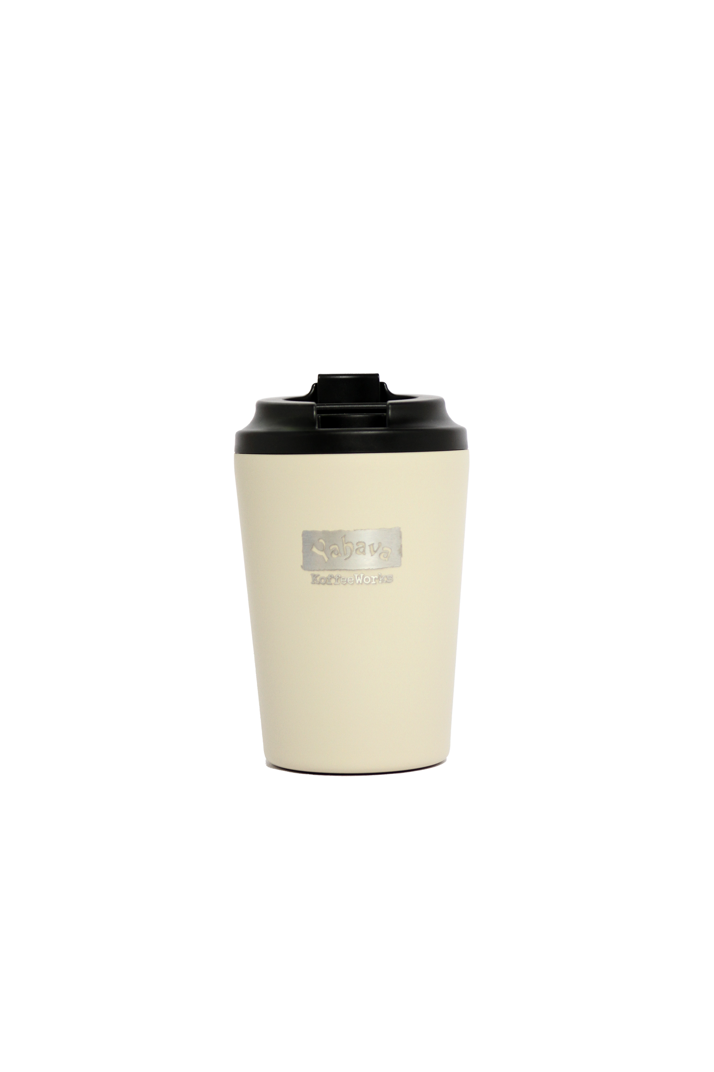 A oat/cream travel mug with a black lid, branded with Yahava KoffeeWorks on the front.