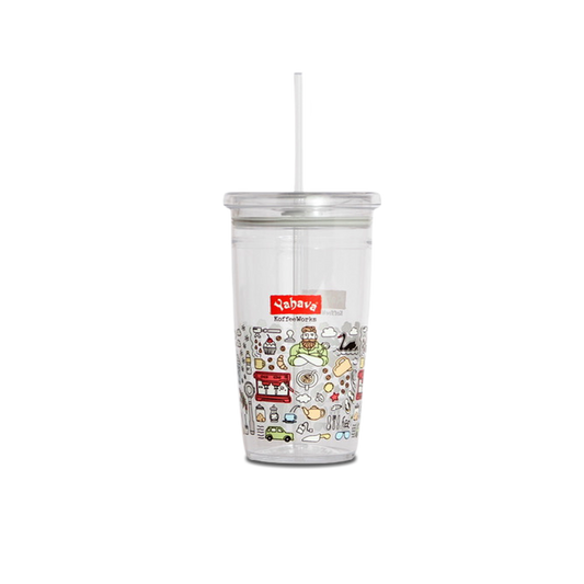 16oz iced drink Keep Cup with Yahava coffee icons and branded with Yahava and comes with a straw