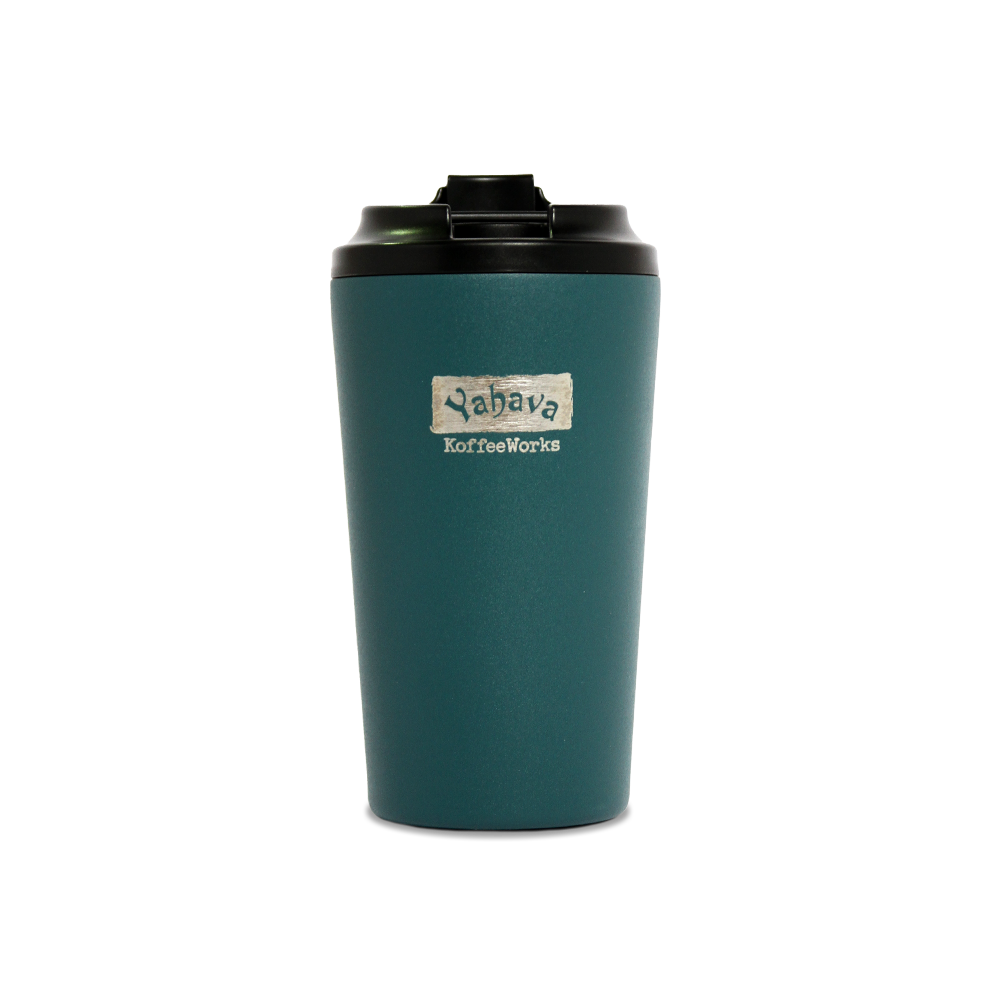 A emerald green travel mug with a black lid, branded with Yahava KoffeeWorks on the front.