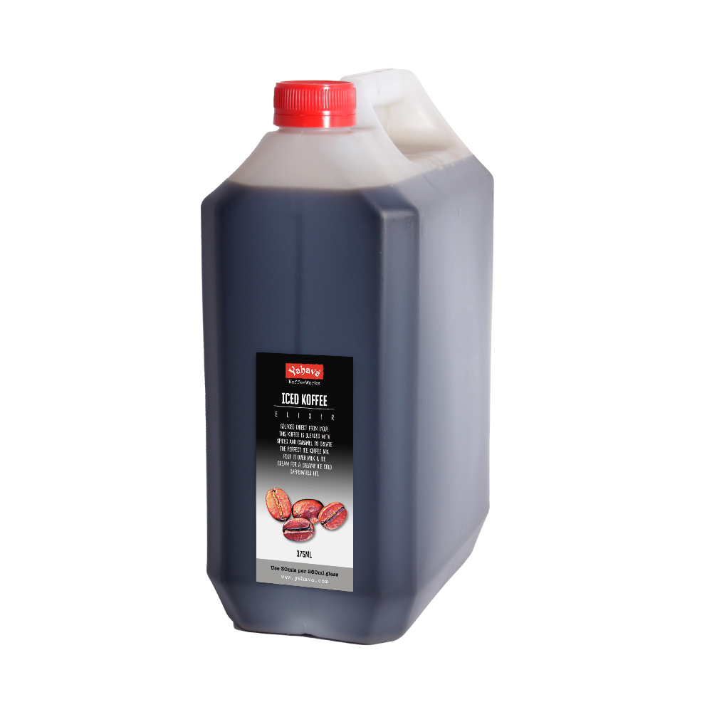 Large container of iced coffee syrup with a red cap