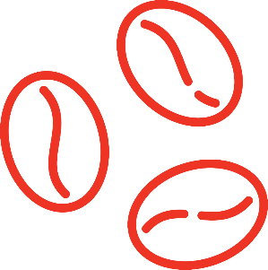 Red line art illustration of three coffee beans