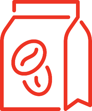 Red line icon of a coffee bag with coffee beans