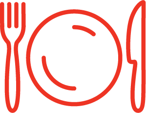 Red outline icon of a fork plate and knife