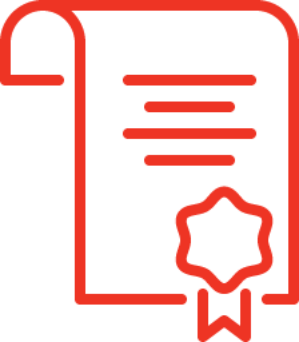 Red line art icon of a certificate document with a seal