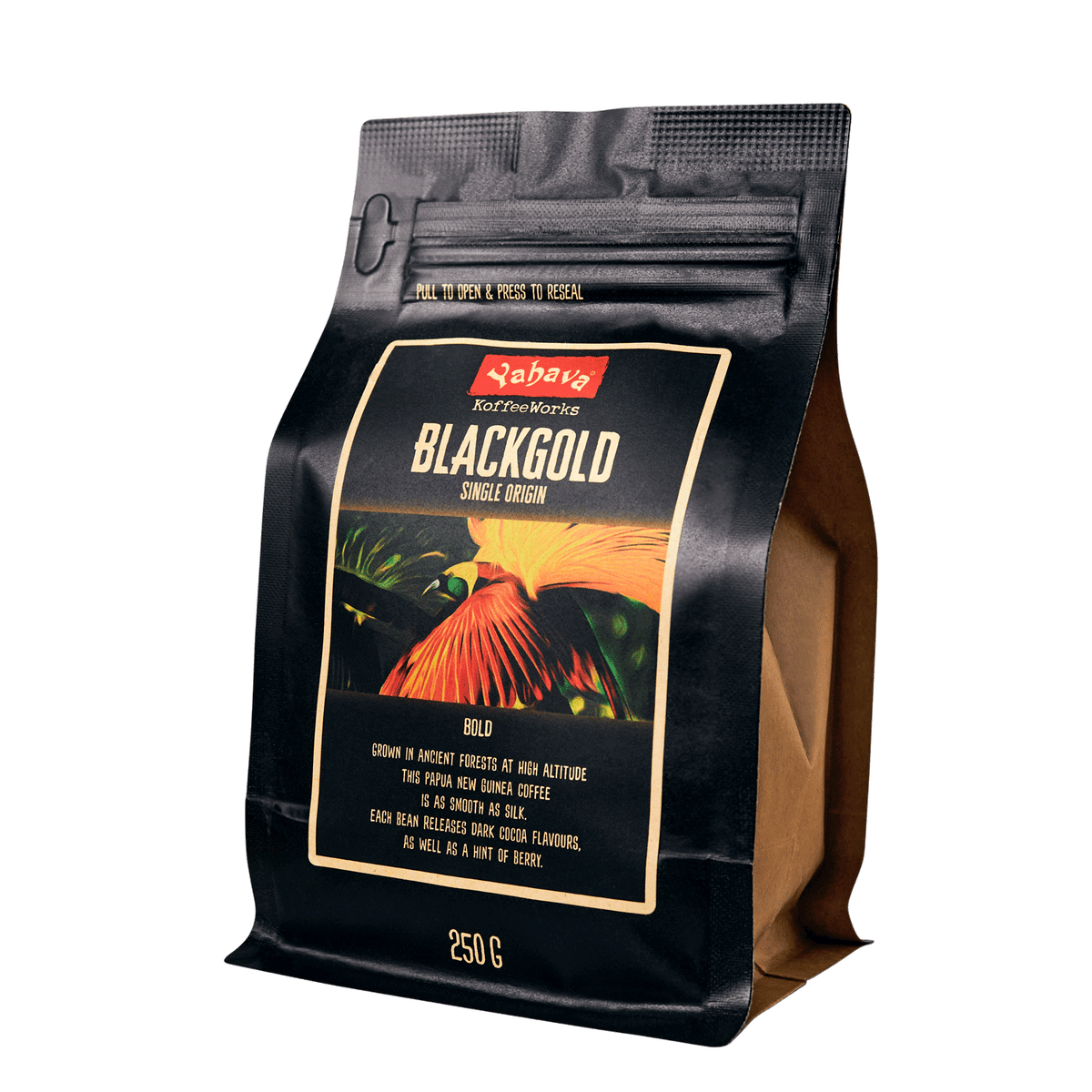 A package of BlackGold coffee beans with an image of a bird on the front.