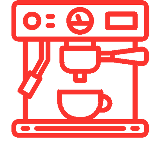 Red outline of a coffee machine with a cup on a white background