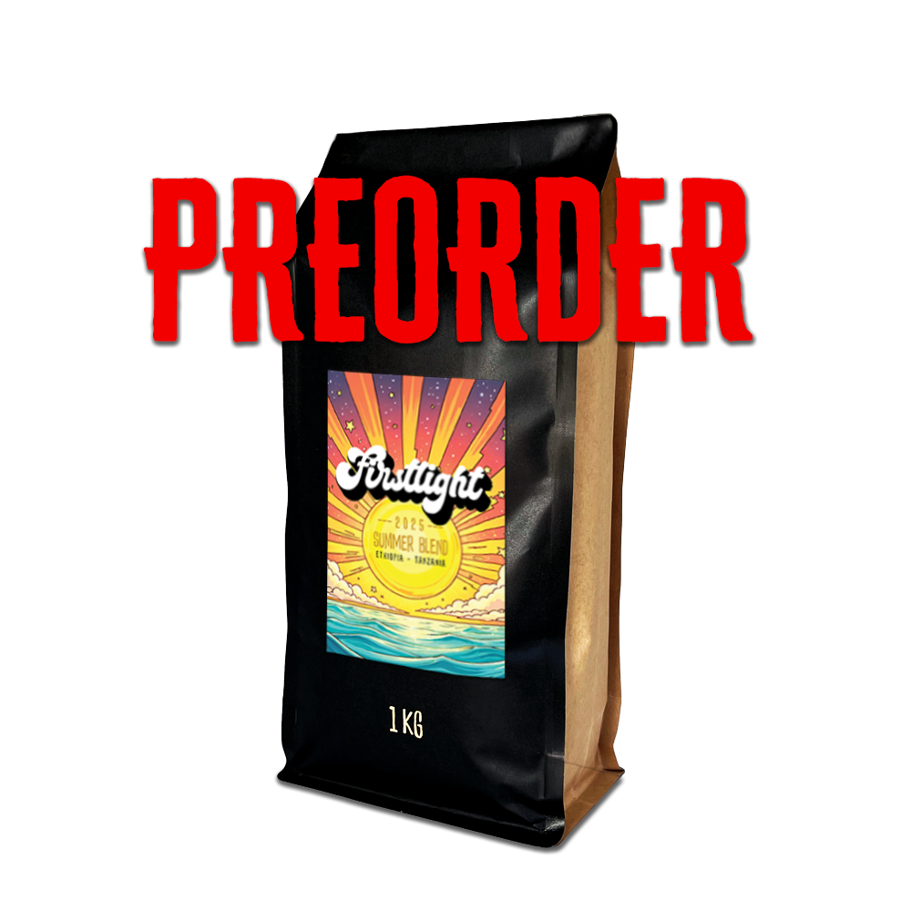 Black coffee bag with colorful label and 'PREORDER' text on a white background