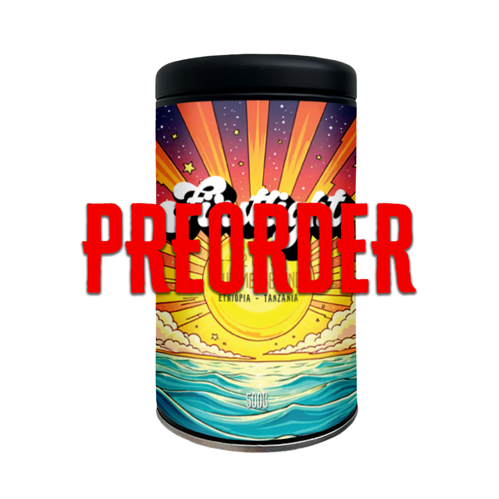 Colorful coffee can with 'Preorder' text on a white background