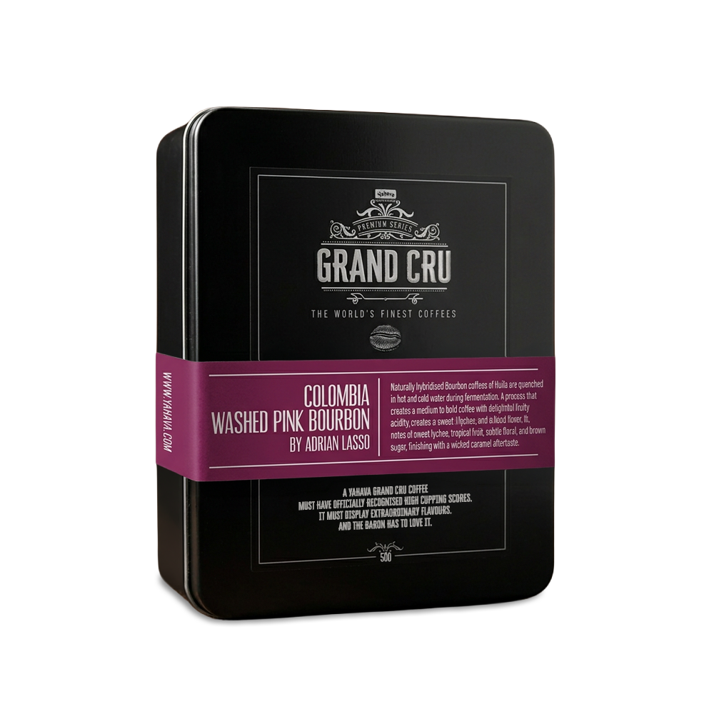 Black metal tin of Yahava Grand Cru Colombia Washed Pink Bourbon coffee with a purple label