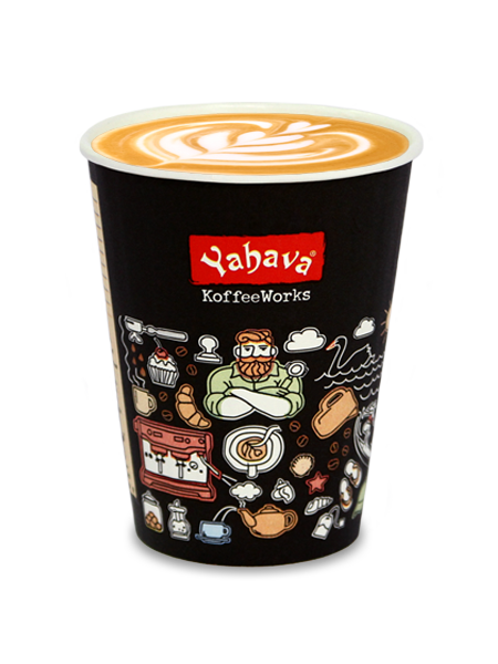 Latte in a Yahava KoffeeWorks takeaway cup covered in Western Australian icons