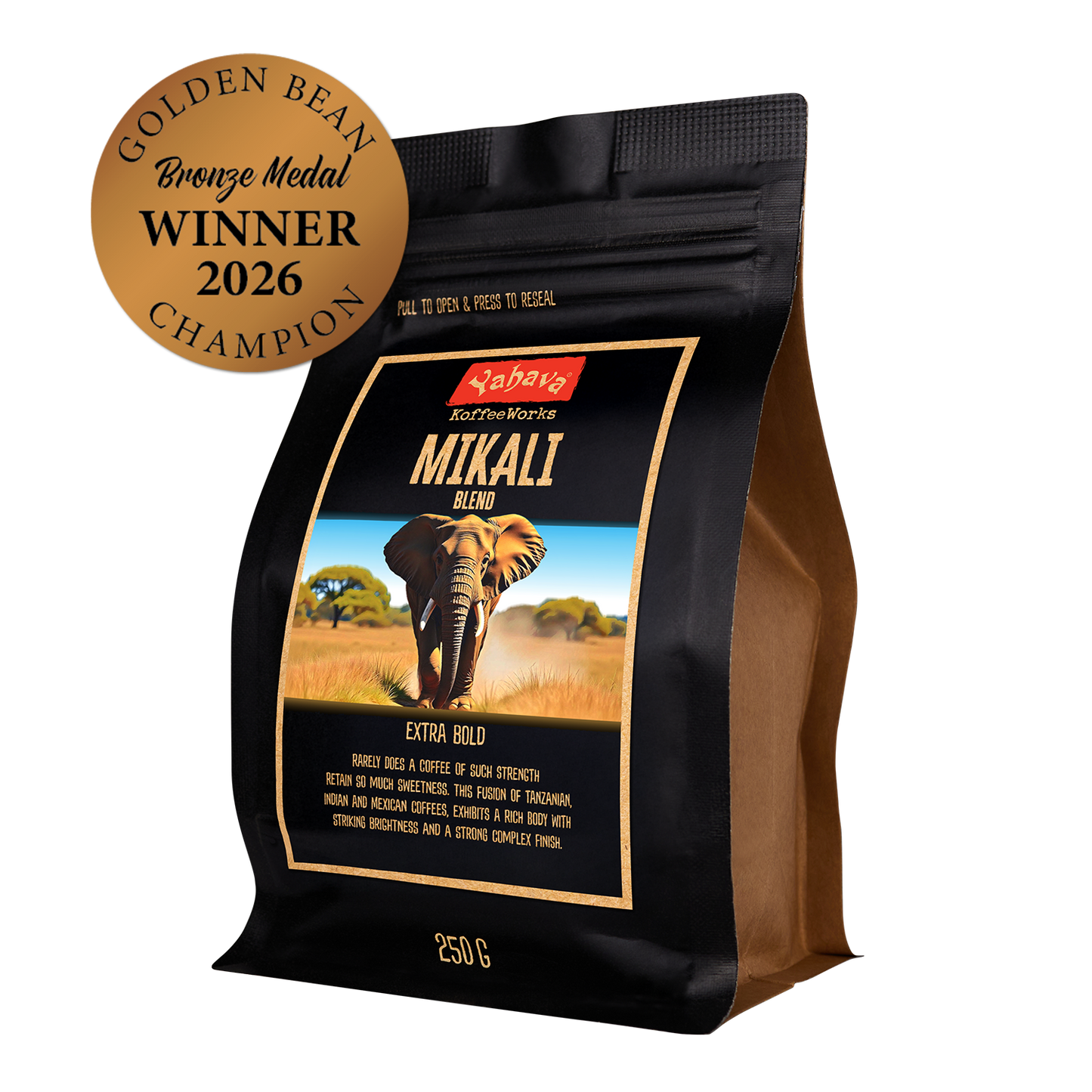 Yahava KoffeeWorks Mikali Blend Extra Bold 250g coffee beans bag with 2026 Golden Bean Bronze Medal Winner Champion award badge.