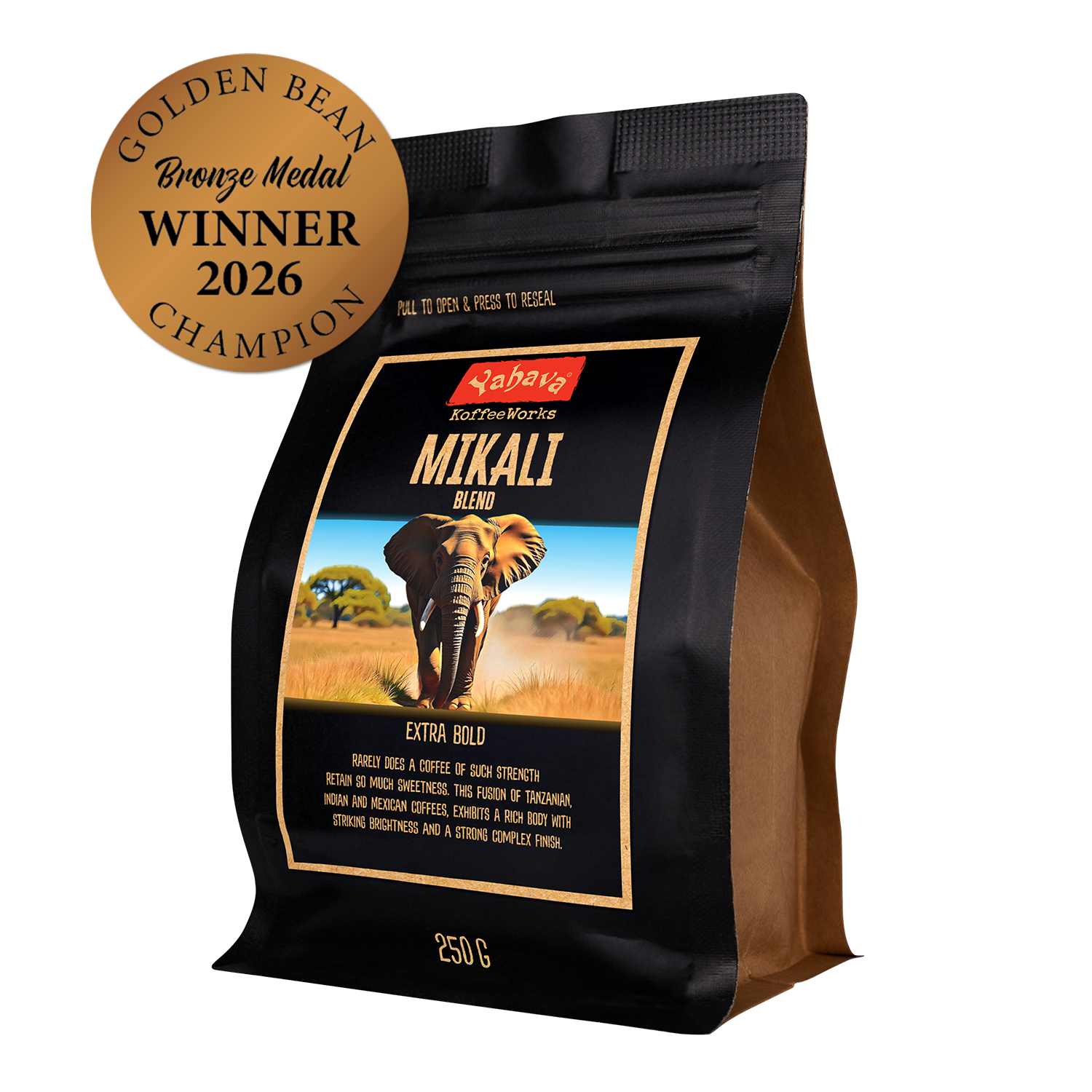 Yahava KoffeeWorks Mikali Blend Extra Bold 250g coffee beans bag with 2026 Golden Bean Bronze Medal Winner Champion award badge.