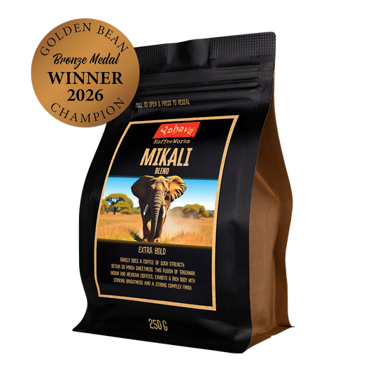 Yahava KoffeeWorks Mikali Blend Extra Bold 250g coffee beans bag with 2026 Golden Bean Bronze Medal Winner Champion award badge.