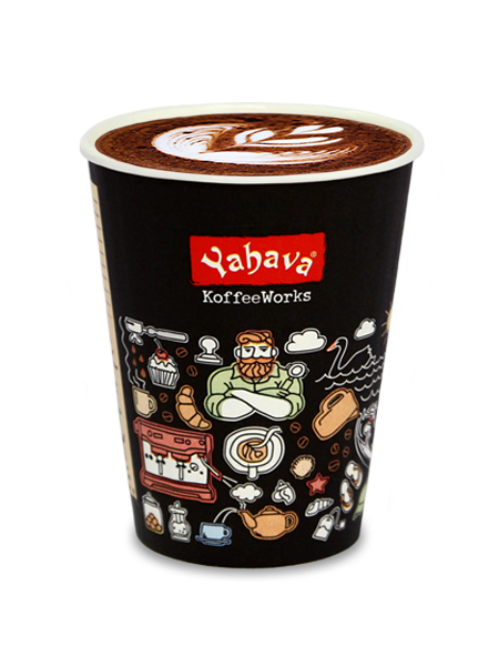 Mocha in a Yahava KoffeeWorks takeaway cup covered in Western Australian icons