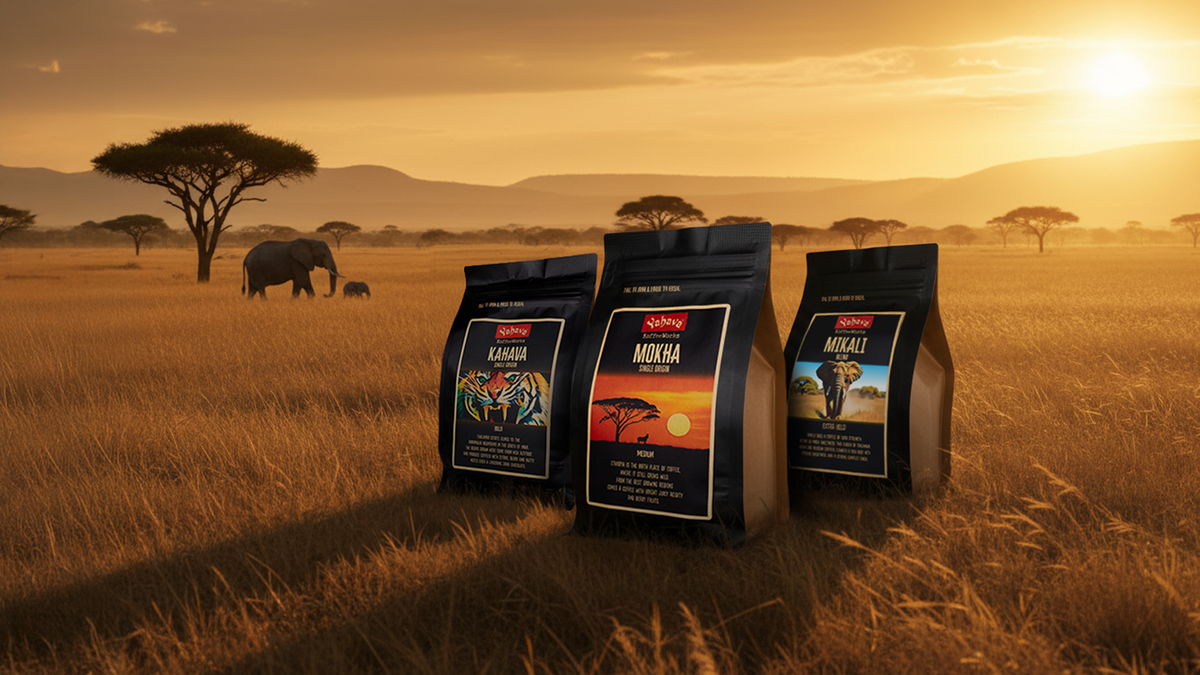 Three bags of Yahava coffee standing in a grassy savanna at sunset with an elephant in the background