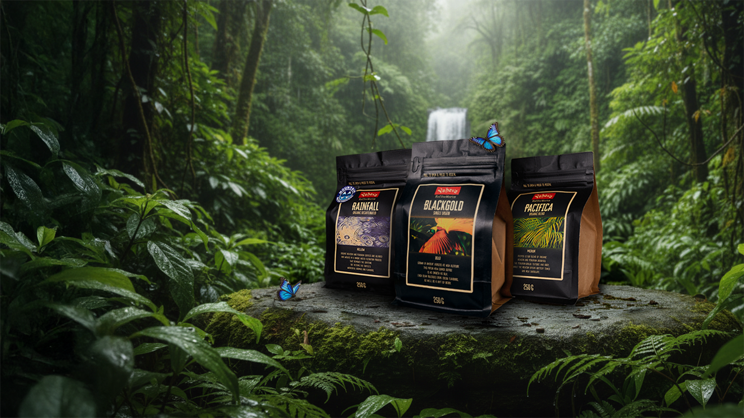 Three coffee bags on a rock in a lush forest