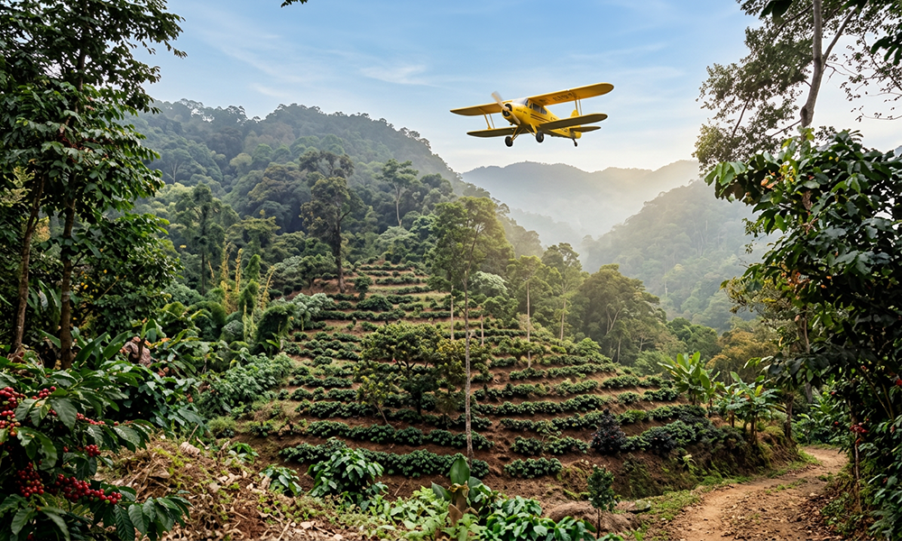 Yellow airplane flying over a coffee plantation with mountains in the background