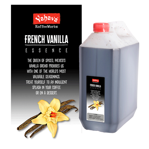Five litre container of Yahava KoffeeWorks French Vanilla essence with a vanilla flower and bean graphic