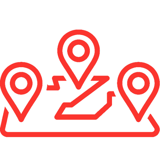 Red location icon with a path on a white background