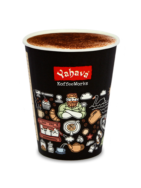 Cappuccino in a Yahava KoffeeWorks takeaway cup covered in Western Australian icons