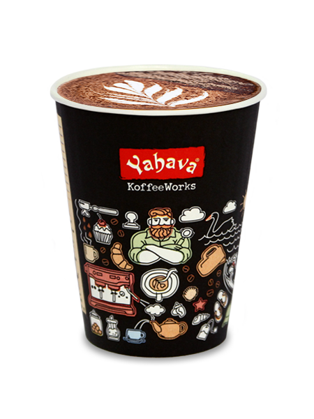 Hot Chocolate in a Yahava KoffeeWorks takeaway cup covered in Western Australian icons