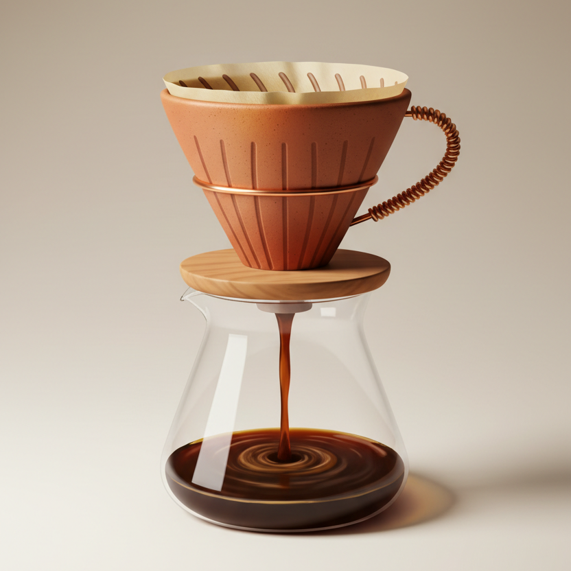 A ceramic pour-over coffee maker with a terracotta cone, light wood lid, and clear glass carafe on a warm beige background.