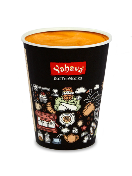 Long Black coffee in a Yahava KoffeeWorks takeaway cup covered in Western Australian icons