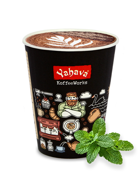 Peppermint Hot Chocolate in a Yahava KoffeeWorks takeaway cup covered in Western Australian icons