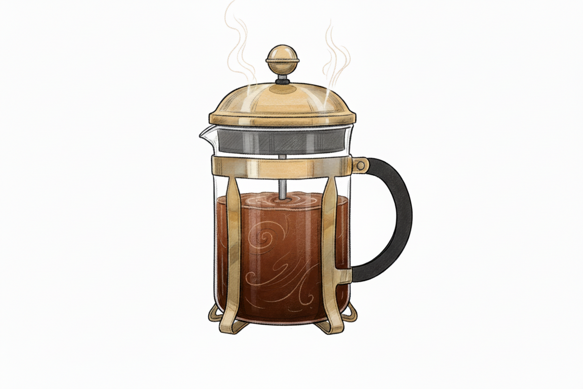 Illustration of a glass French press filled with coffee and steam rising from the lid