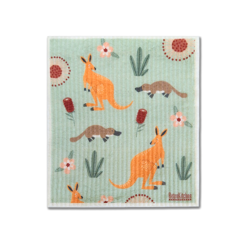 dish sponge with kangaroos and platypuses 