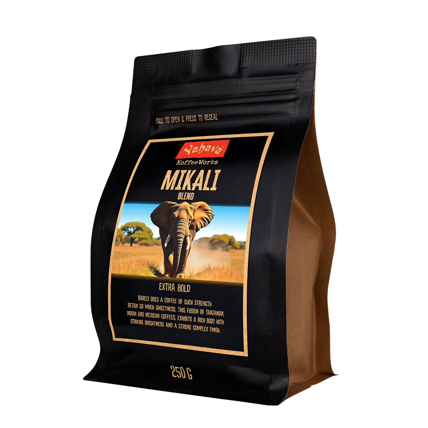 A black bag of Mikali coffee with an image of an elephant and a field in the background.