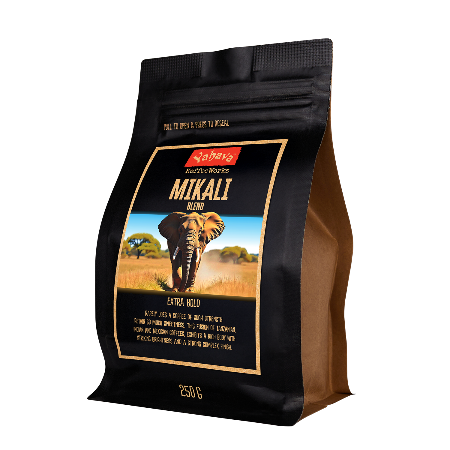 A black bag of Mikali coffee with an image of an elephant and a field in the background.