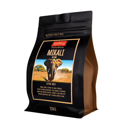 A black bag of Mikali coffee with an image of an elephant and a field in the background.