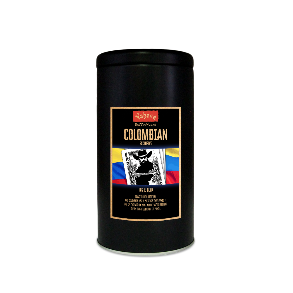 a black 500g tin with exclusive Colombian coffee label with a playing card and Colombian flag on the label