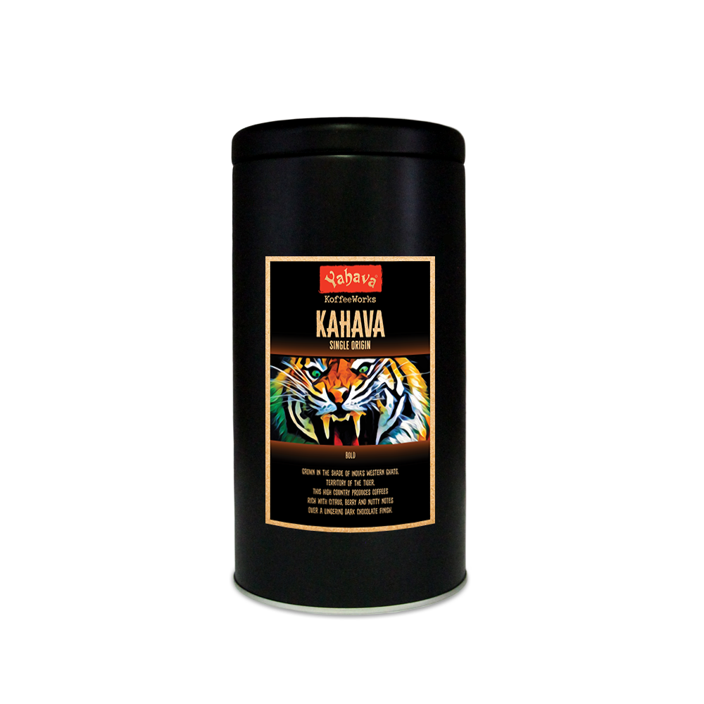 Black tin with Kahava coffee label featuring a tiger design