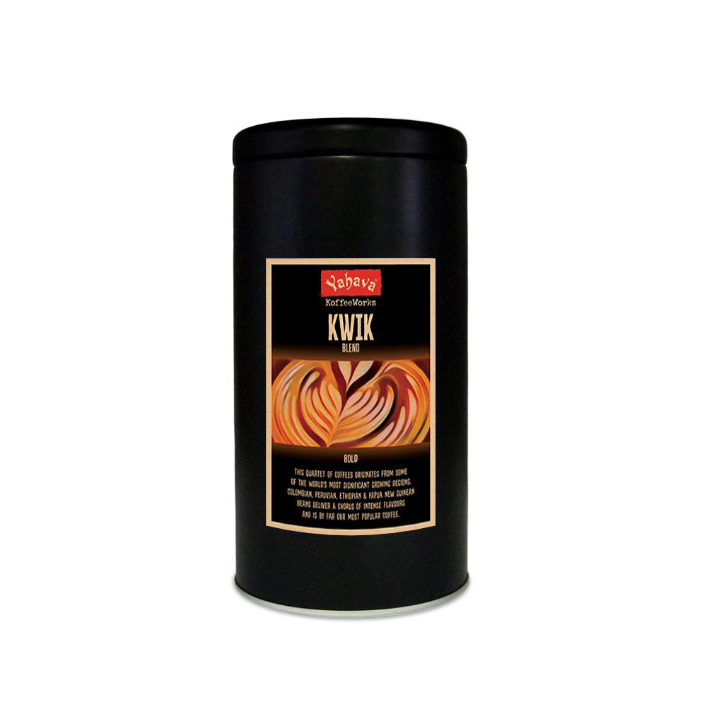 A black 500g tin with Yahava Signature Range coffee label for Kiwk Koffee Blend on the tin featuring latte art