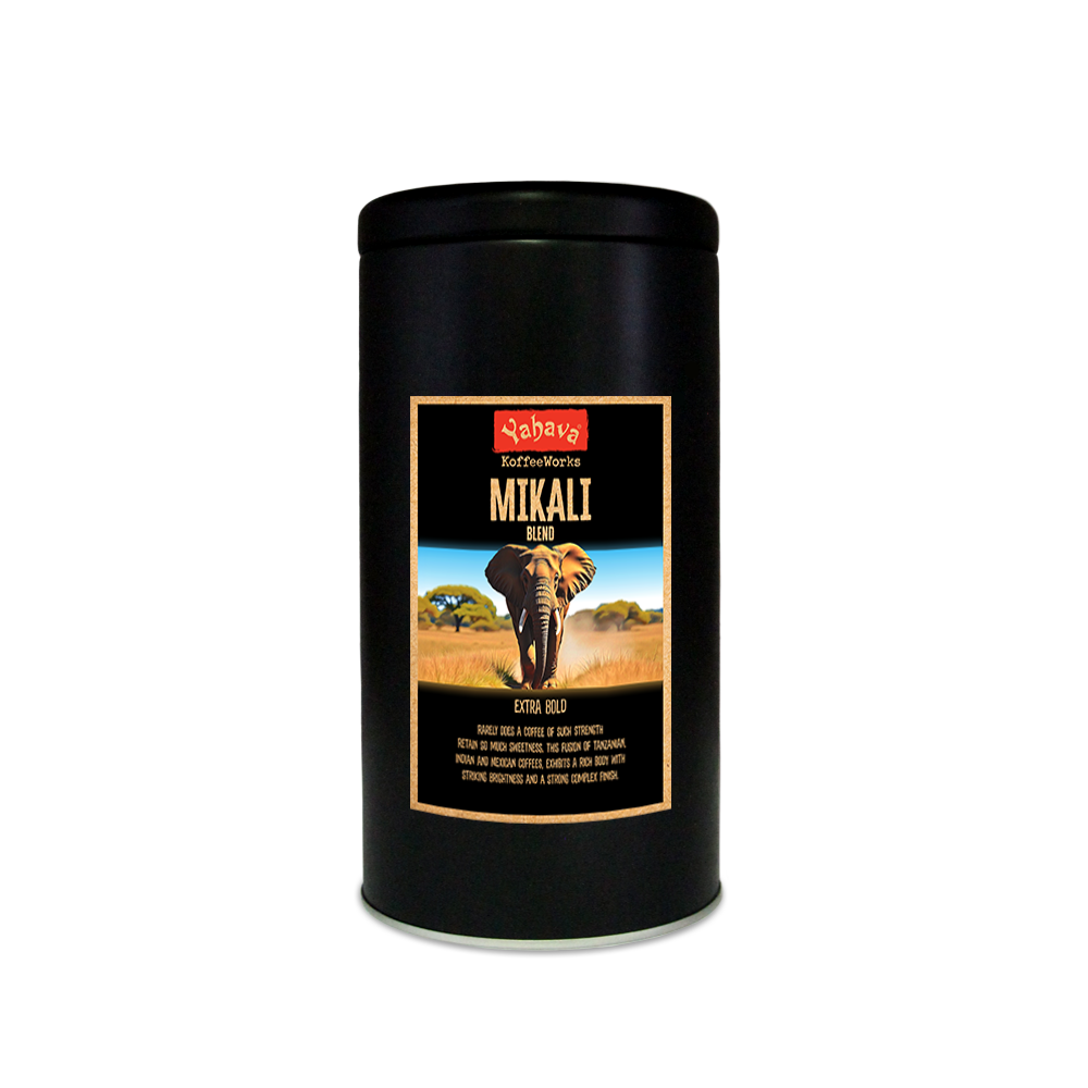 A black in with a label for Mikali coffee with an image of an elephant and a field in the background.