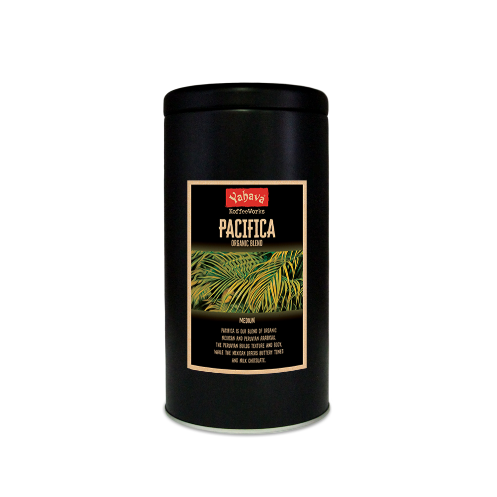 a black 500g tin with yahava signature range coffee label for Pacifica organic blend on the tin featuring green tropical ferns