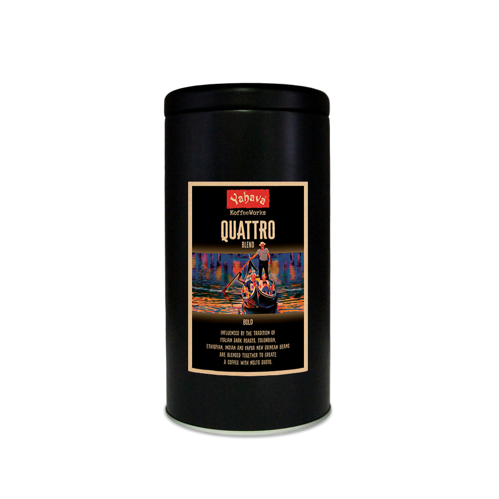 a black 500g tin with yahava signature range coffee label for Quattro blend on the tin with a Venice gondola